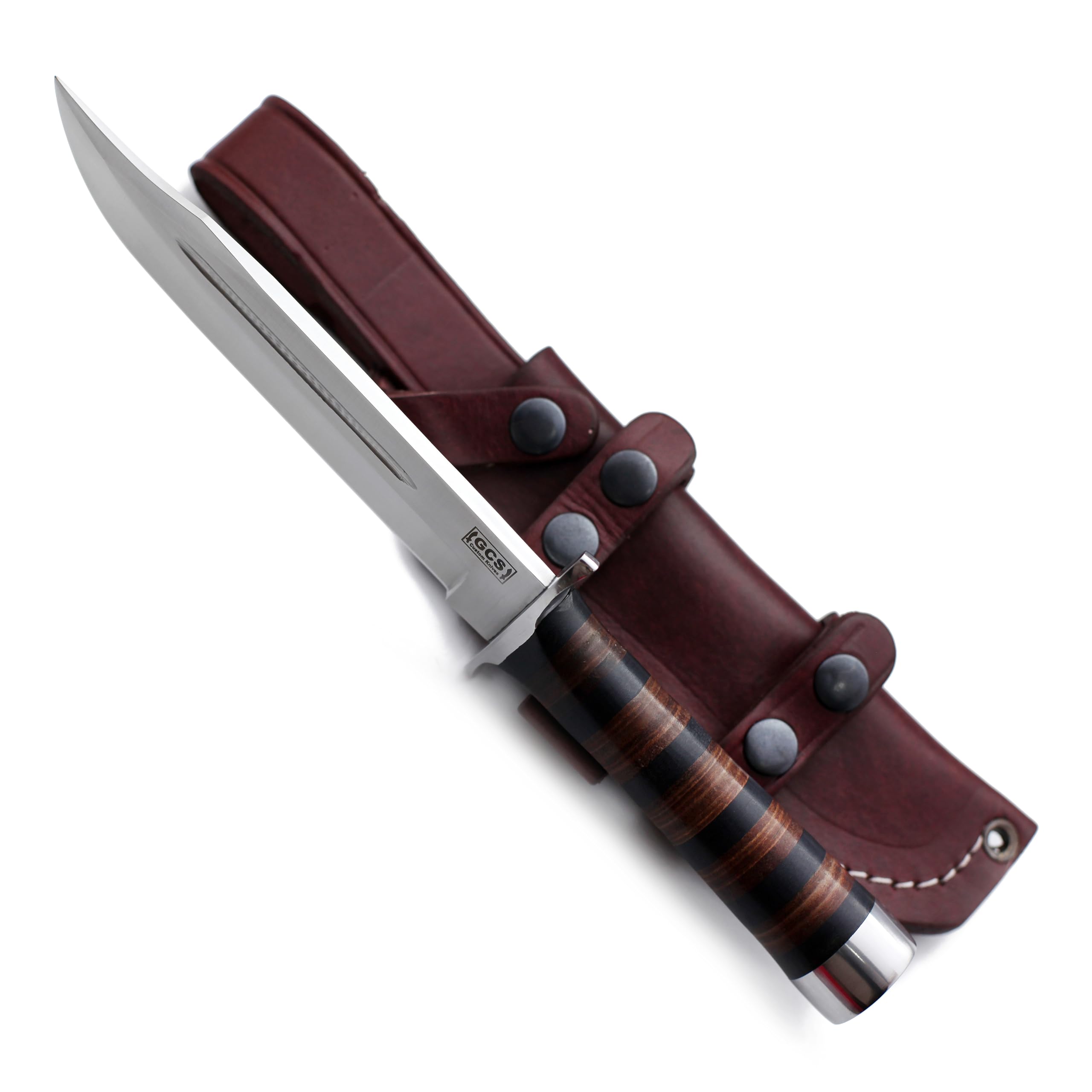 GCS Handmade Stacked Leather Handle D2 Tool Steel Tactical Hunting Knife with leather sheath Full tang blade designed for Hunting & EDC GCS 501