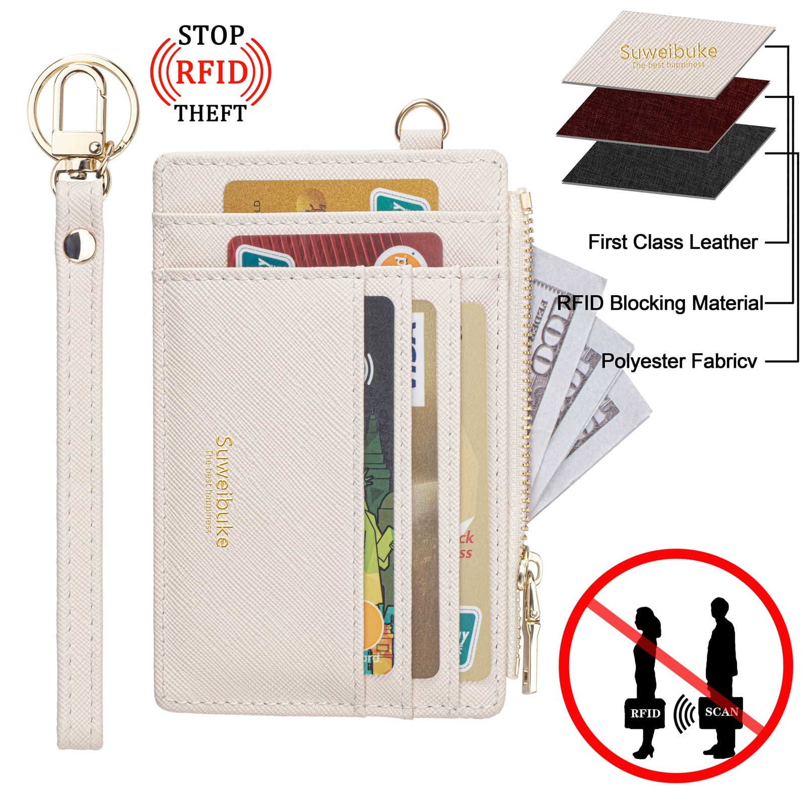 Wikavanli Women Slim Rfid Blocking Credit Card Case Holder Wristlet Zip ID Case Wallet Small Compact Leather Wallet Coin Purse with Keychain (Beige)