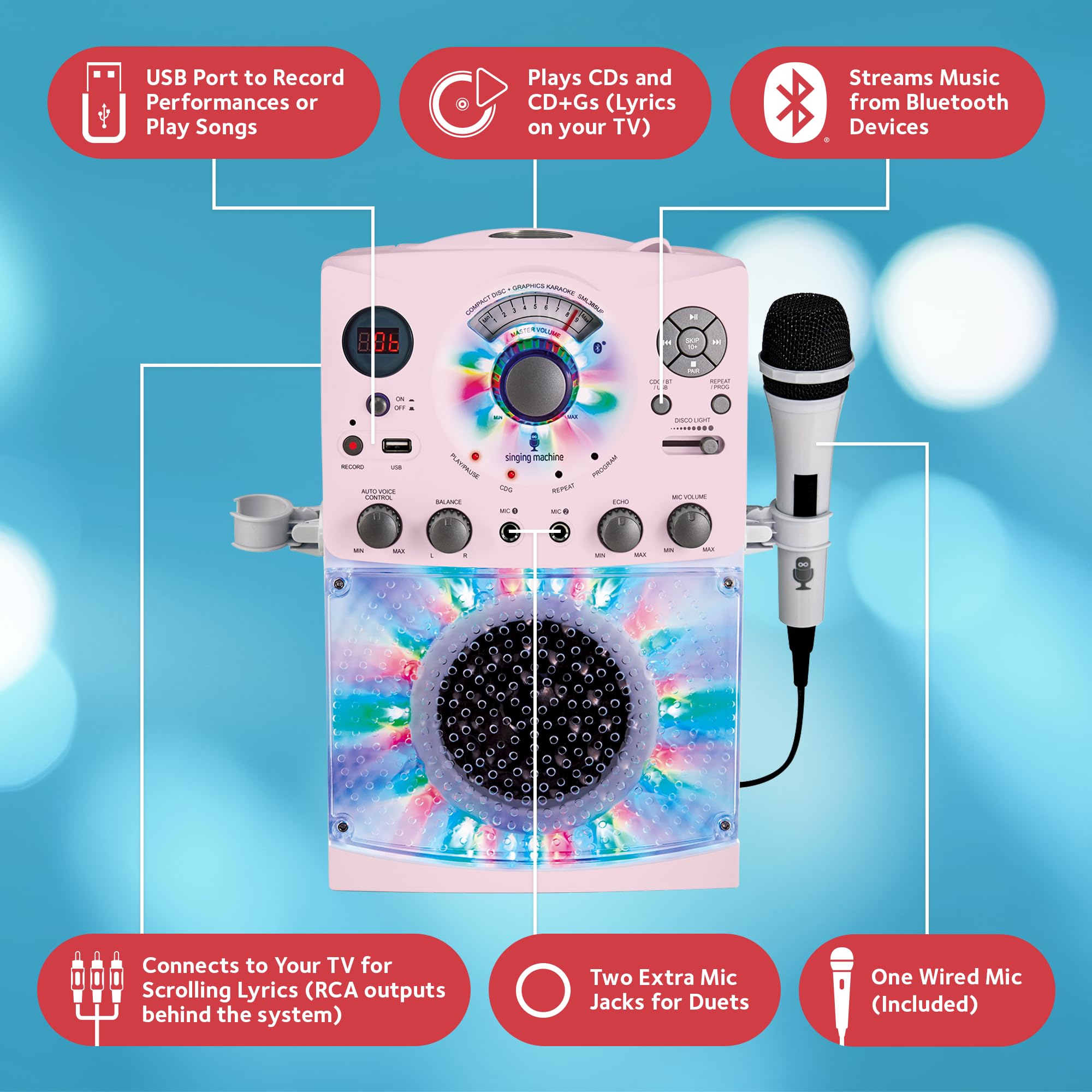 Singing Machine Portable Karaoke Machine for Adults & Kids with Wired Microphone, Rose Gold/Frosted Pink - Built-In Karaoke Speaker, Bluetooth with LED Disco Lights - Karaoke System with CD+G & USB