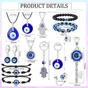 YADOCA 12/15Pcs Evil Eye Necklace for Women Men Bracelets Earring Ring Keychain Hamsa Hand Pendant Turkish Protection Jewelry Set with 50Pcs Evil Eye Stickers