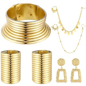 YADOCA 6Pcs African National Jewelry for Women Egypt Gold Choker Collars African Vintage Statement Choker Necklaces Wide Leather Bangle Bracelet Nose Rings Hoop Chain Earrings Sets