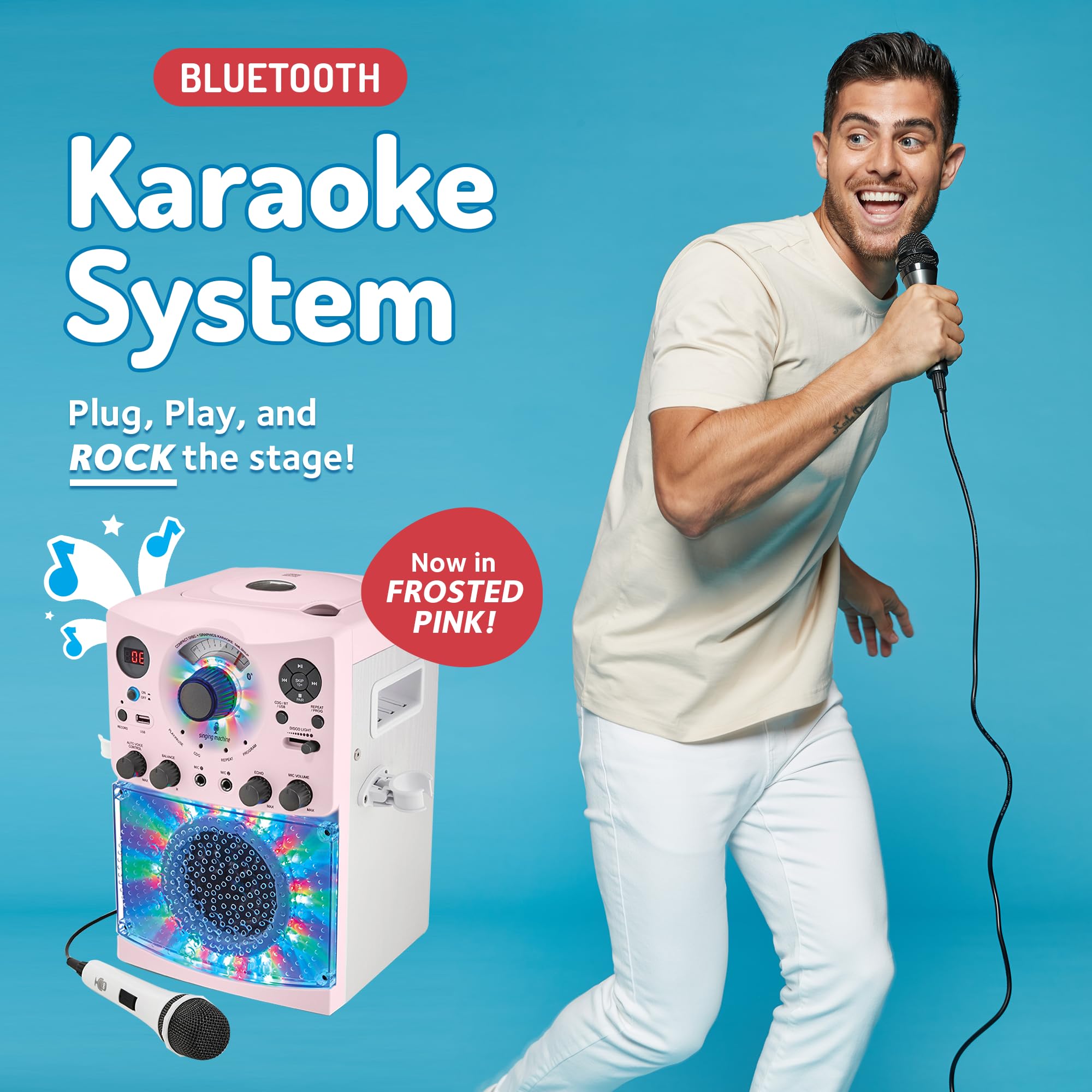 Singing Machine Portable Karaoke Machine for Adults & Kids with Wired Microphone, Rose Gold/Frosted Pink - Built-In Karaoke Speaker, Bluetooth with LED Disco Lights - Karaoke System with CD+G & USB