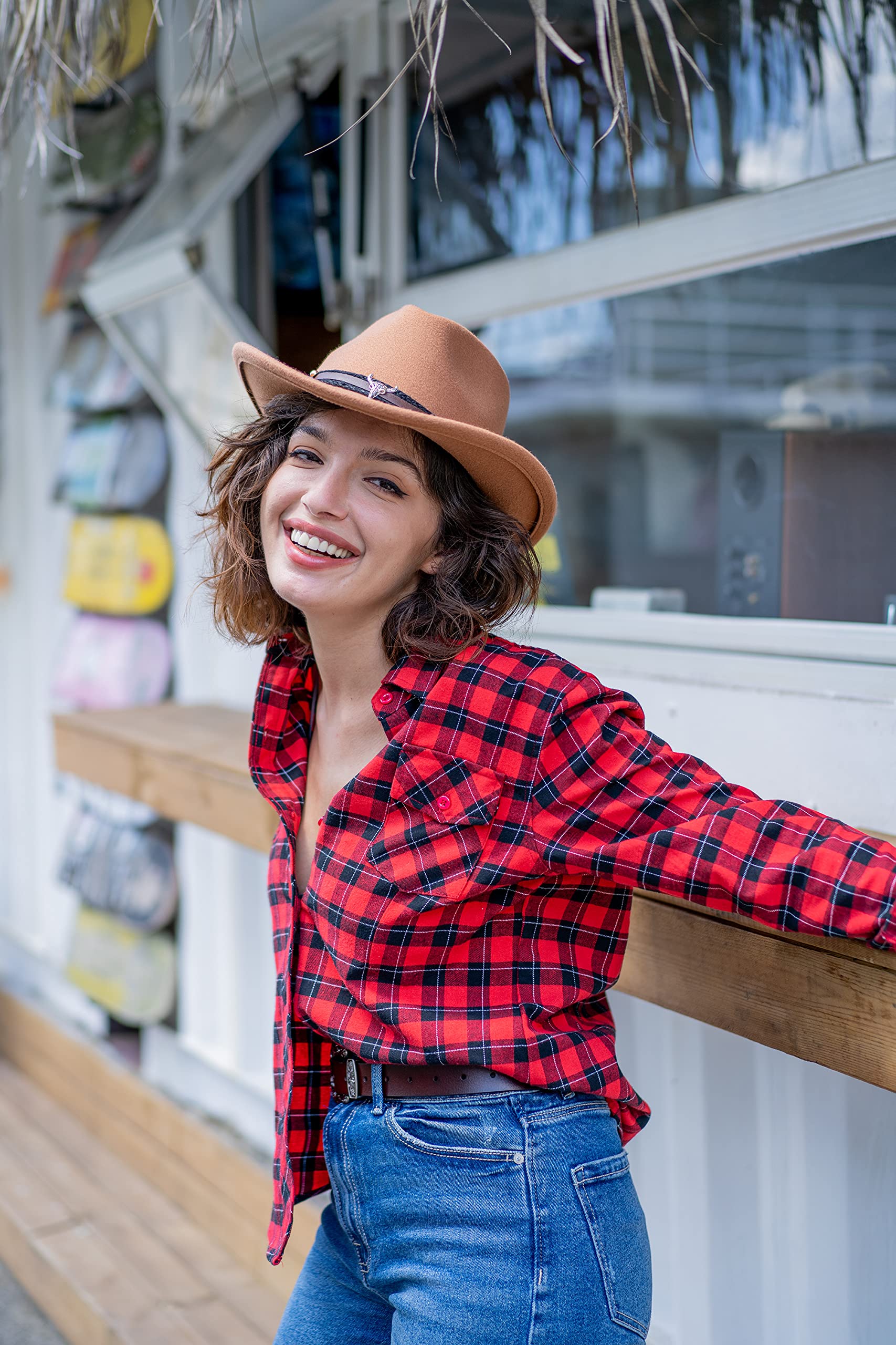 Toppers Wide Brim Fedora Hats for Womens Mens Cowboy Hat Outdoor Panama Hat Camel