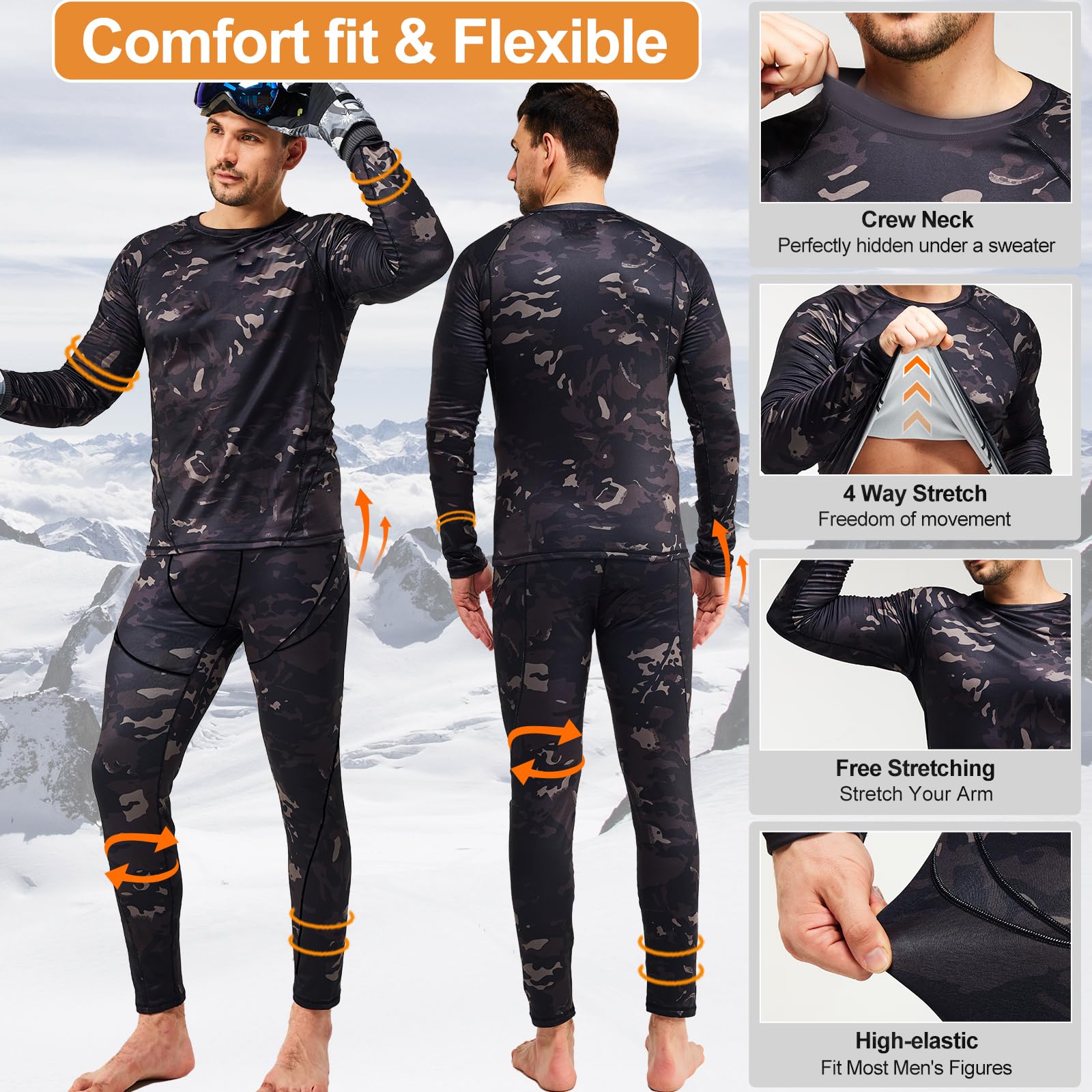 Long Underwear Mens-Long Johns for Men Winter Gear Fleece Base Layer Set Skiing Warm Top & Bottom