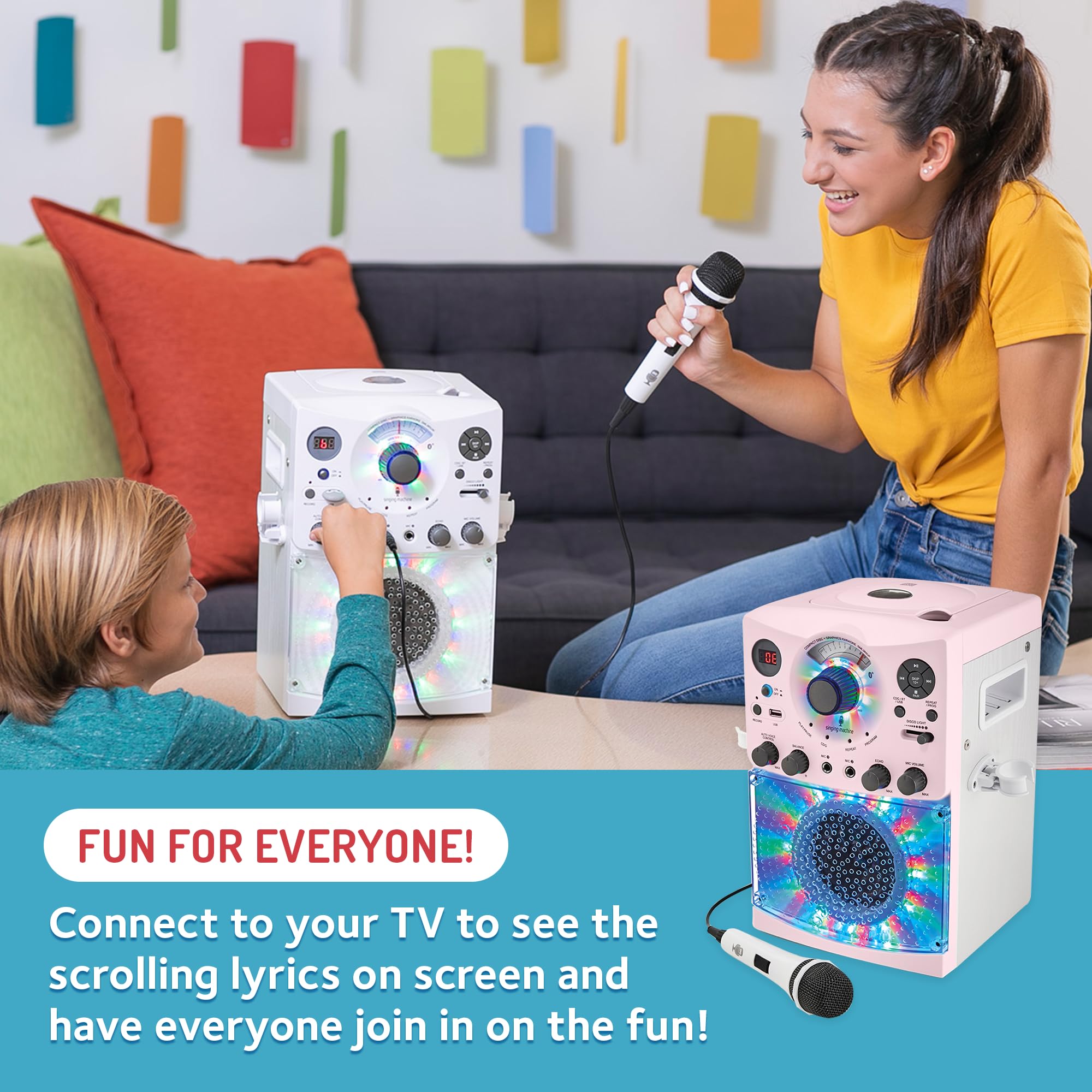 Singing Machine Portable Karaoke Machine for Adults & Kids with Wired Microphone, Rose Gold/Frosted Pink - Built-In Karaoke Speaker, Bluetooth with LED Disco Lights - Karaoke System with CD+G & USB