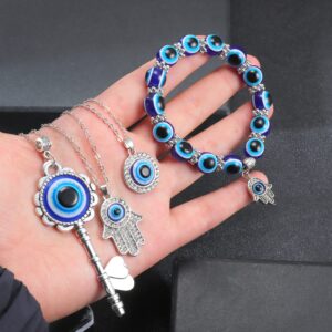 YADOCA 12/15Pcs Evil Eye Necklace for Women Men Bracelets Earring Ring Keychain Hamsa Hand Pendant Turkish Protection Jewelry Set with 50Pcs Evil Eye Stickers