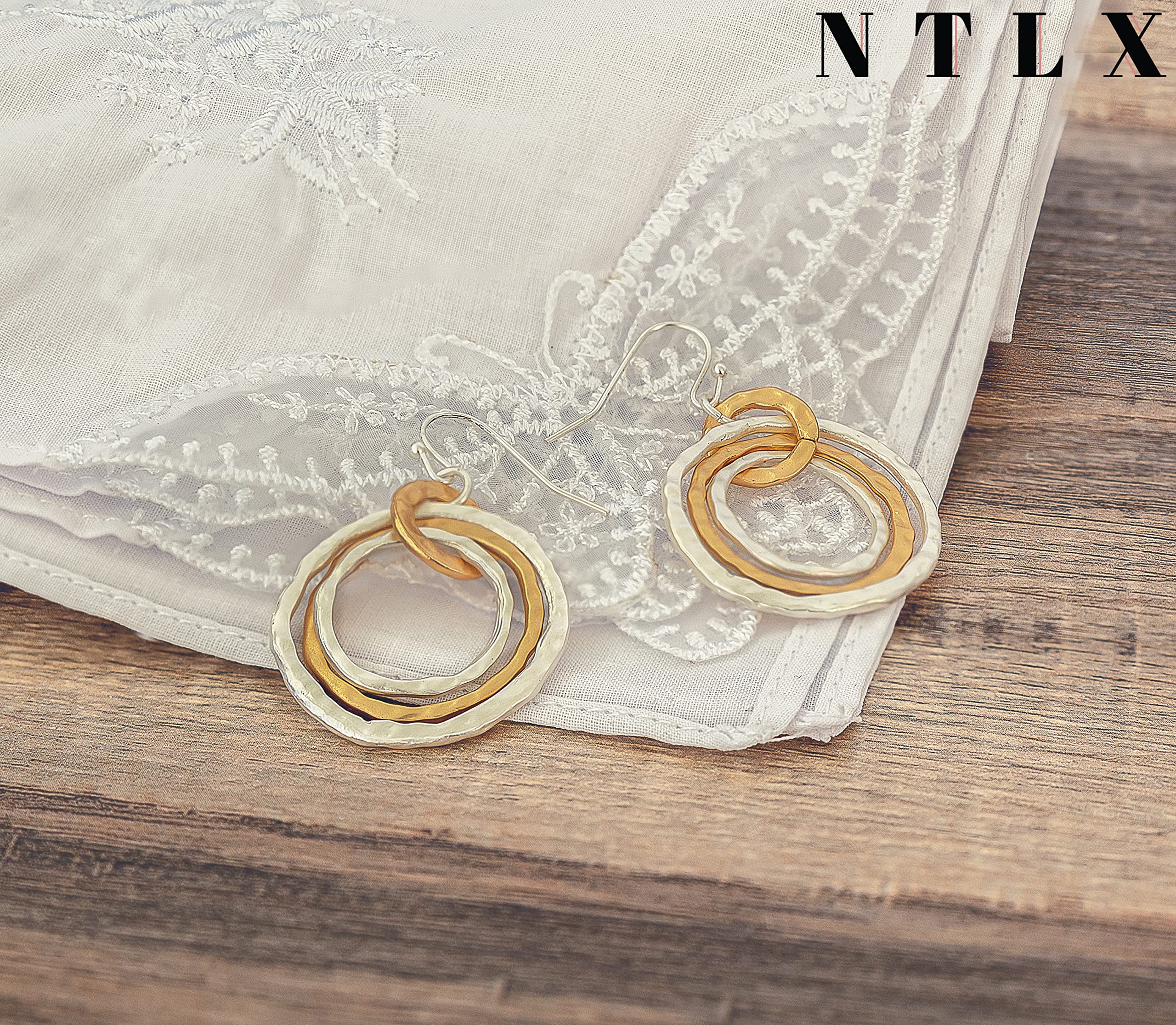 Bohemian Boho Round Circle Hoop Dangle Drop Earrings for Women – Delicate – Hammer Texture – Matte Plated – with Gift Box Included (MATTE SILVER & GOLD TWO TONE - MULTI-CIRCLE DROP)