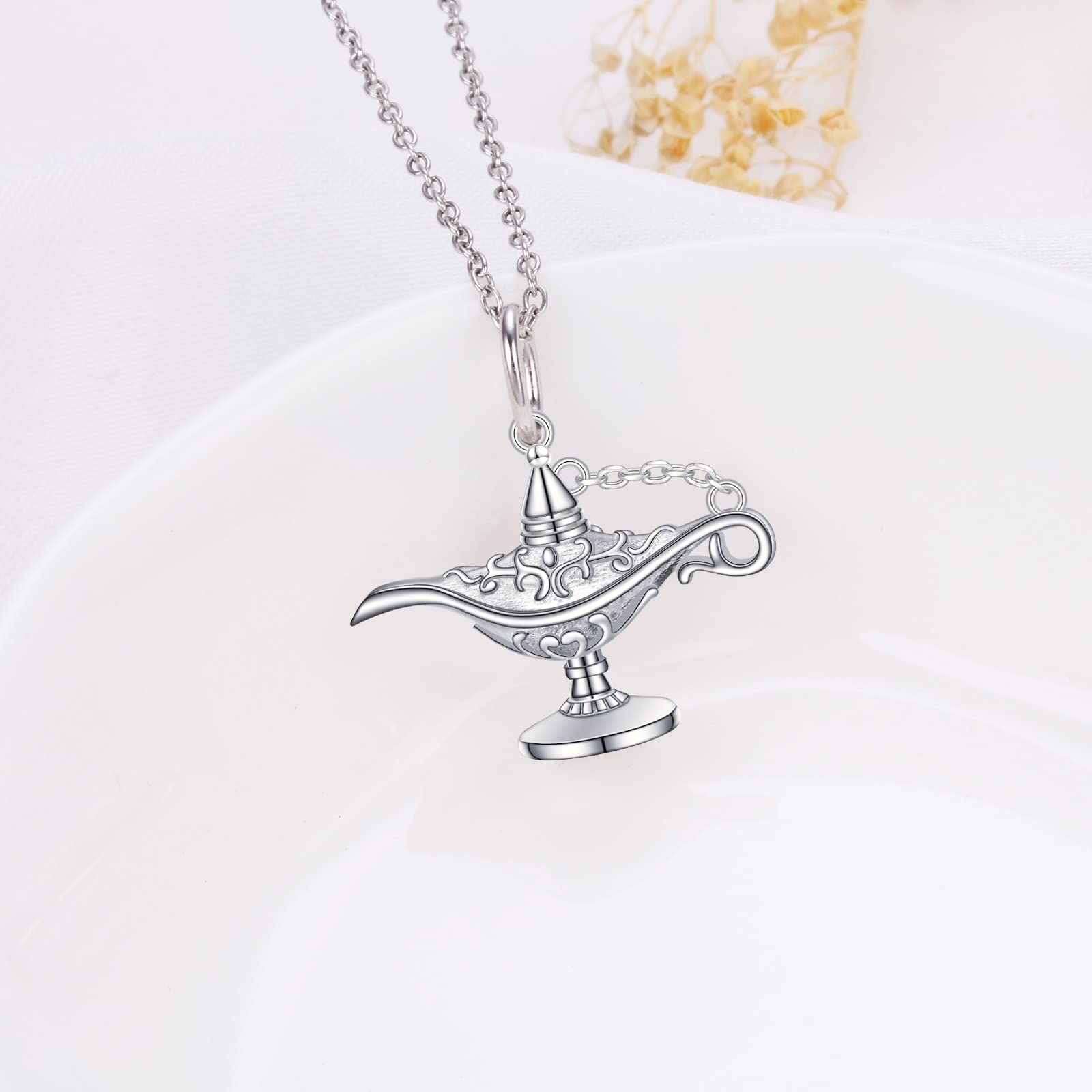 DAOCHONG S925 Sterling Silver Aladding Magic Genie Lamp Legend Wishing Carved Lamp Pendant Necklace Jewelry Good Luck Gift for Women