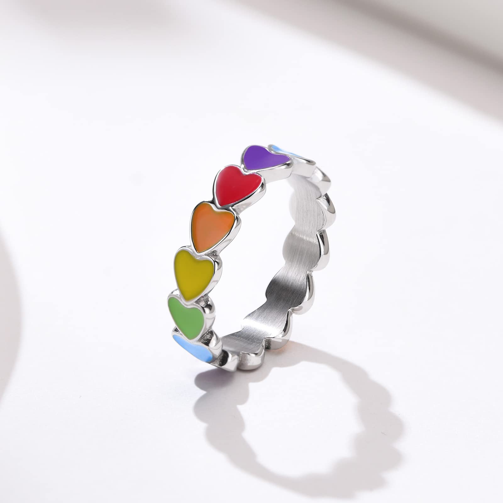 MPRAINBOW Enamel Heart LGBT Pride Ring 5mm Heart to Heart Rainbow Lesbian & Gay Rings, Stainless Steel Love Heart LGBTQ Pride Rings Jewelry