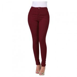 WUAI-Women Stretch Jeggings with Pockets Butt Lifting Pull On Solid High Waist Leggings Slim Skinny Jeans Pencil Denim Pants(Wine Red,X-Large)