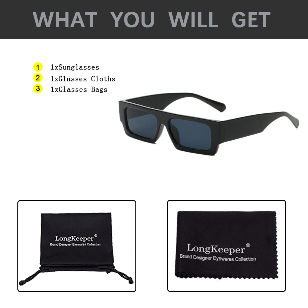 Long Keeper Retro Small Rectangle Sunglasses Women Vintage Square Men Glasses Trendy Chunky Sun Glasses UV400 (Black)