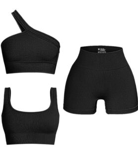 oqq women's 3 piece outfits ribbed seamless exercise scoop neck sports bra one shoulder tops high waist shorts active set black