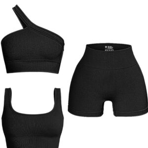 OQQ Women's 3 Piece Outfits Ribbed Seamless Exercise Scoop Neck Sports Bra One Shoulder Tops High Waist Shorts Active Set Black