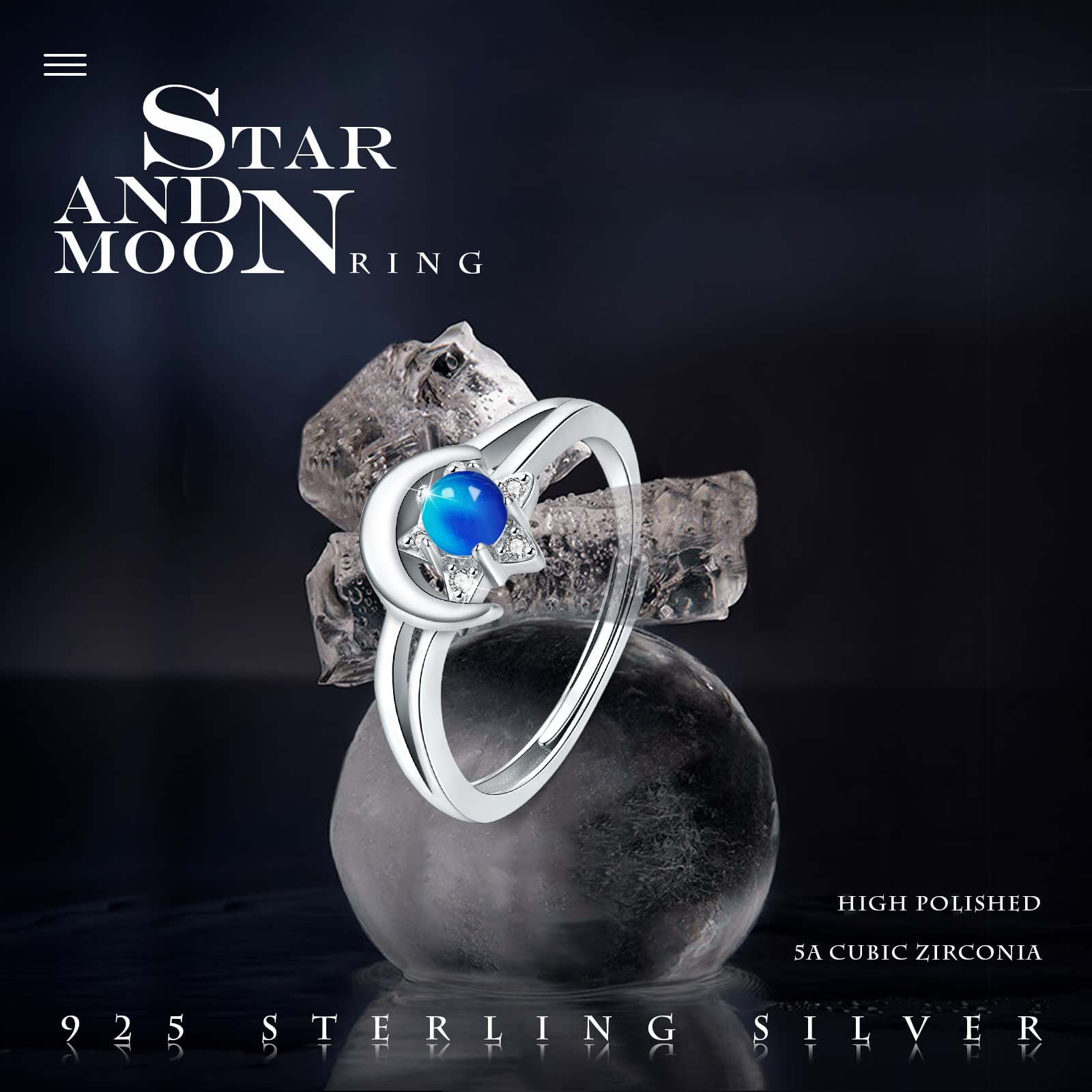 Moon Star Ring 925 Sterling Silver Mood Ring Color Change Rings Open Ring Adjustable Ring Gift for Women