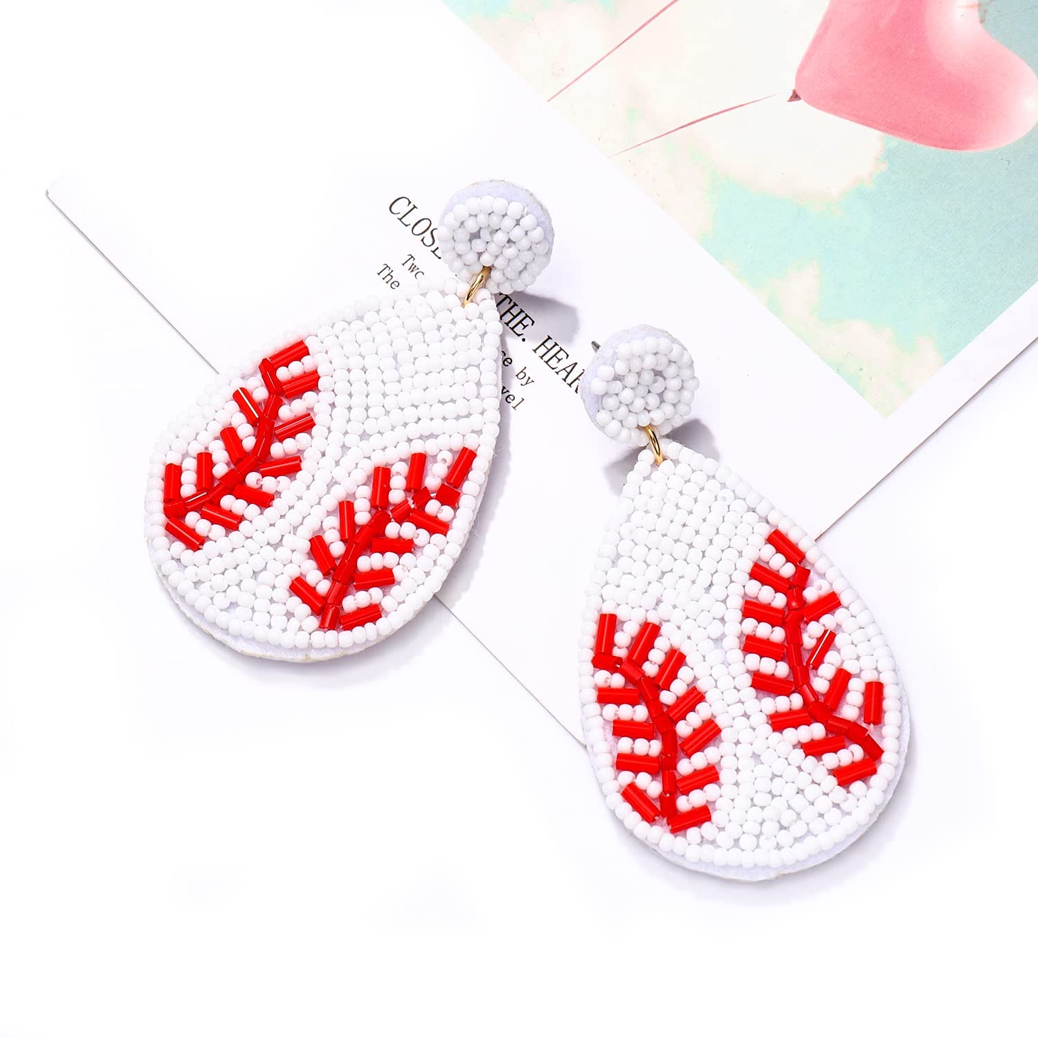 2 Pairs Beaded Baseball Earrings Sports Earring for Women Statement Game Team Sports Ball Dangle Drop Earrings Theme Party Jewelry Gifts (Style A)