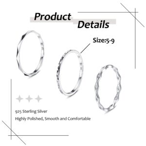 MILACOLATO 3Pcs 925 Sterling Silver Rings for Women Men 18K White Gold Plated Plain Band Knuckle Stacking Thumb Rings Diamond-Cut Wave Stackable Ring Set Comfort Fit Size 8