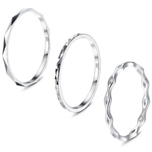 MILACOLATO 3Pcs 925 Sterling Silver Rings for Women Men 18K White Gold Plated Plain Band Knuckle Stacking Thumb Rings Diamond-Cut Wave Stackable Ring Set Comfort Fit Size 8