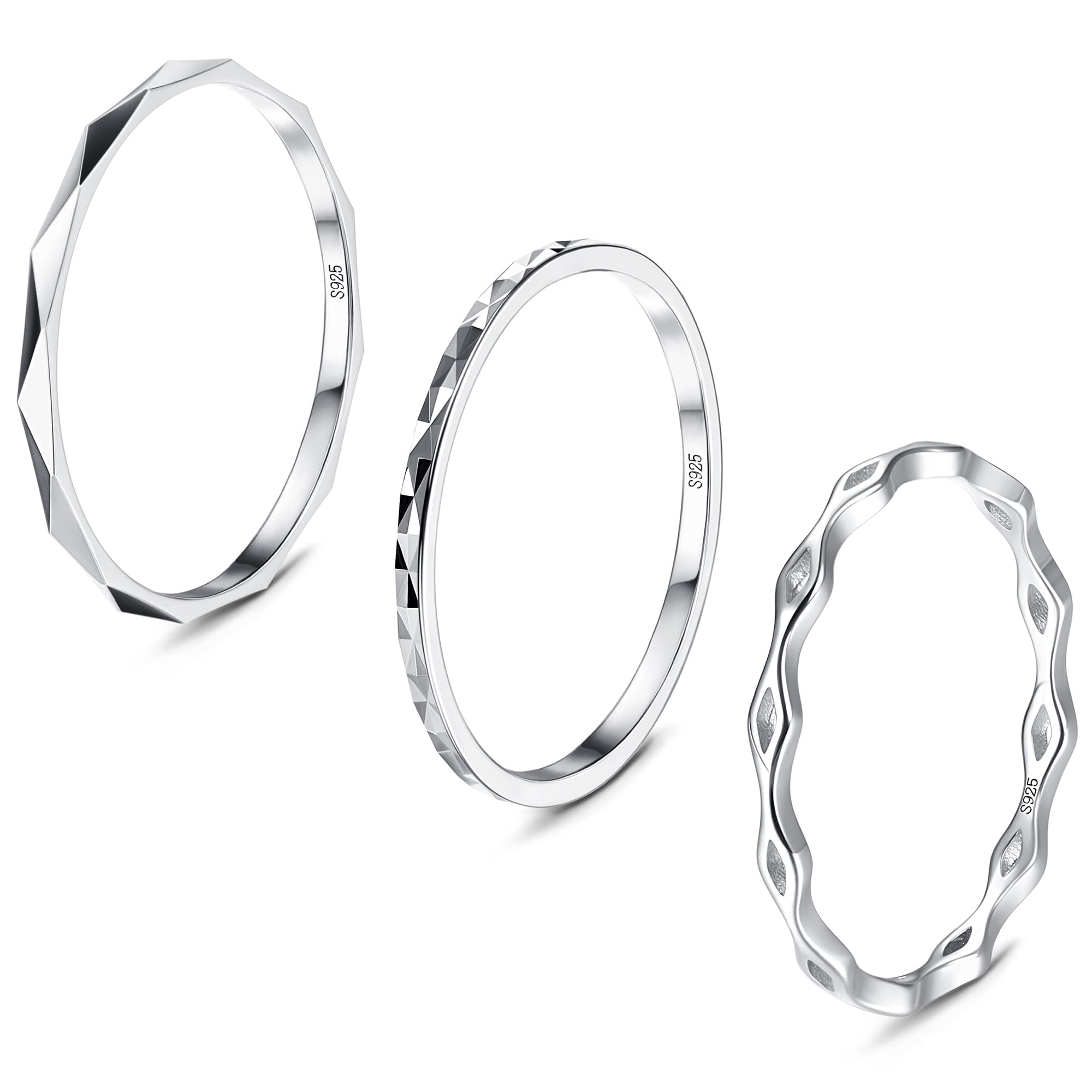 MILACOLATO 3Pcs 925 Sterling Silver Rings for Women Men 18K White Gold Plated Plain Band Knuckle Stacking Thumb Rings Diamond-Cut Wave Stackable Ring Set Comfort Fit Size 8