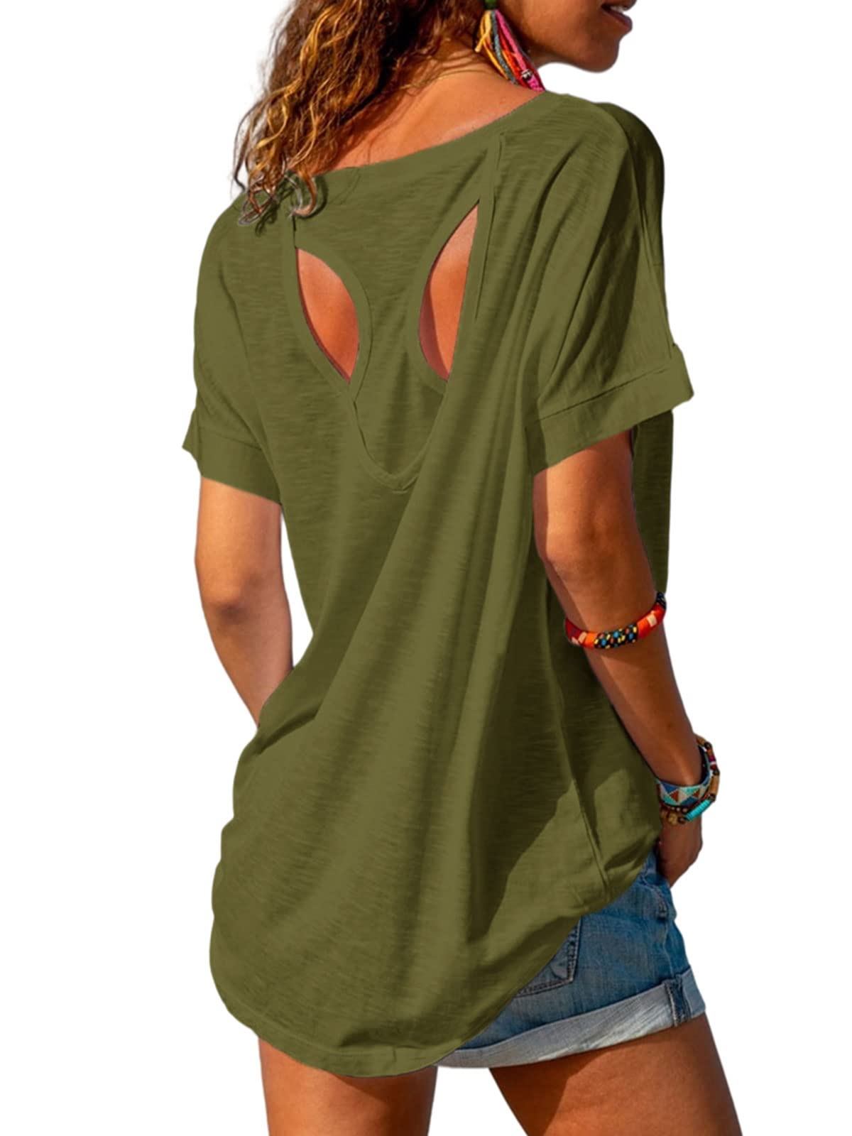 MIRACMODA Women's Open Back Athlete Loose Fitting Workout Casual Yoga T-Shirt Summer Gym Tee Army Green