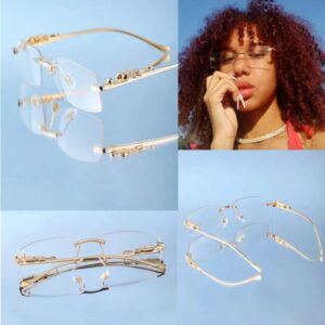 ADE WU Vintage Rimless Sunglasses Retro Gold Metal Frameless Rectangle Clear Lens Sun Glasses for Men Women