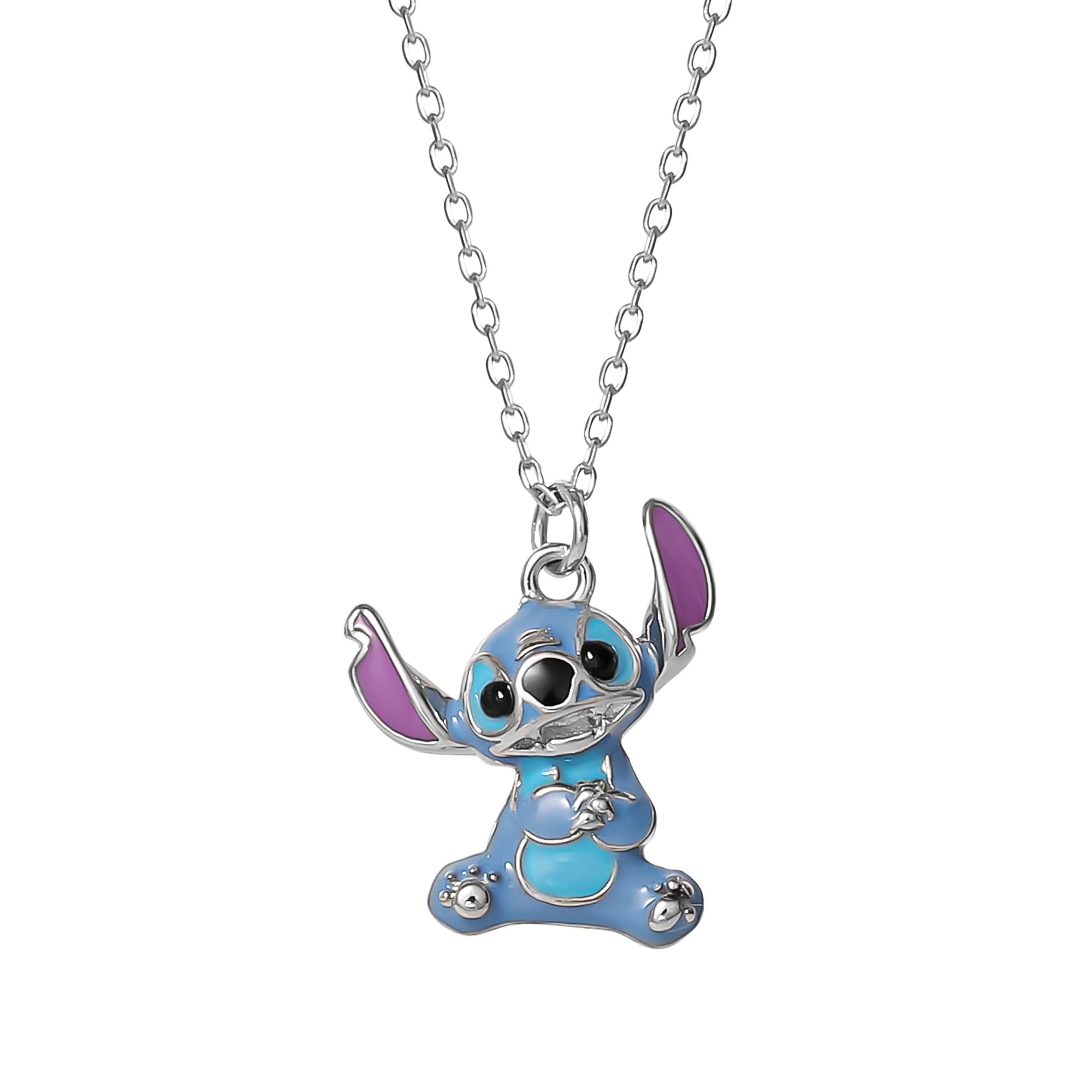 Disney Womens Stitch Sterling Silver Necklace 18" - 3D Pendant Enamel-Plated Stitch Necklace Official License