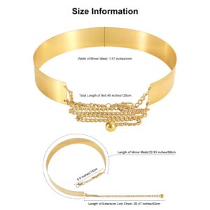 WHIPPY Women Gold Metal Belt Shiny Polished Adjustable Gold Metal Mirror Waist Belt, Gold,1.57" Width