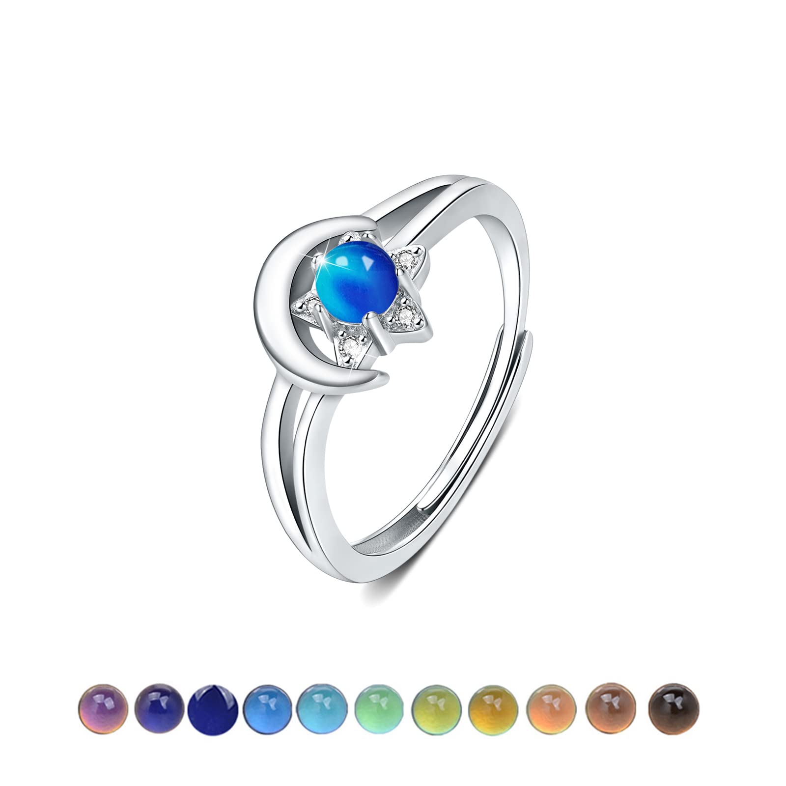 Moon Star Ring 925 Sterling Silver Mood Ring Color Change Rings Open Ring Adjustable Ring Gift for Women