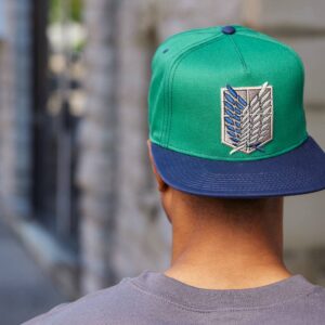 Attack on Titan Season 4 Green and Black Scout Regiment Shield Embroidered Flat Bill Snapback 5 Panel Adult Unisex Hat