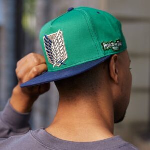 Attack on Titan Season 4 Green and Black Scout Regiment Shield Embroidered Flat Bill Snapback 5 Panel Adult Unisex Hat