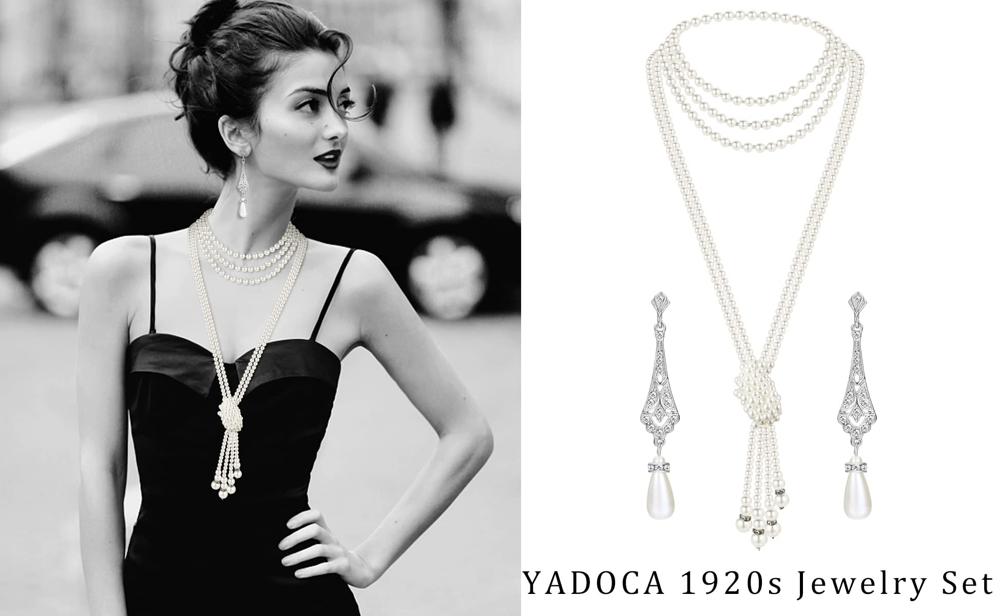 YADOCA 1920s Faux Pearl Necklace Earrings For Women Flapper Beads Long Pearls Necklace For Halloween Costume Jewelry Accessories