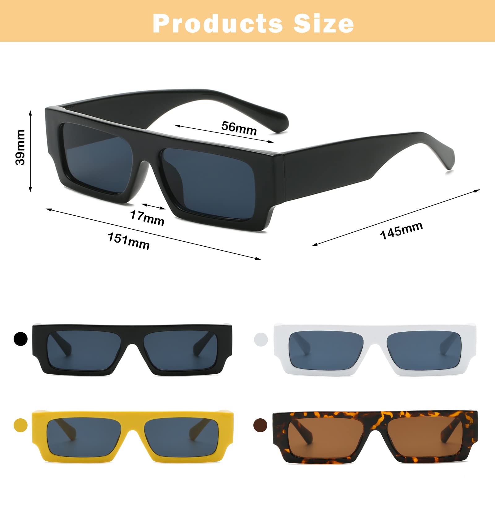 Long Keeper Retro Small Rectangle Sunglasses Women Vintage Square Men Glasses Trendy Chunky Sun Glasses UV400 (Black)