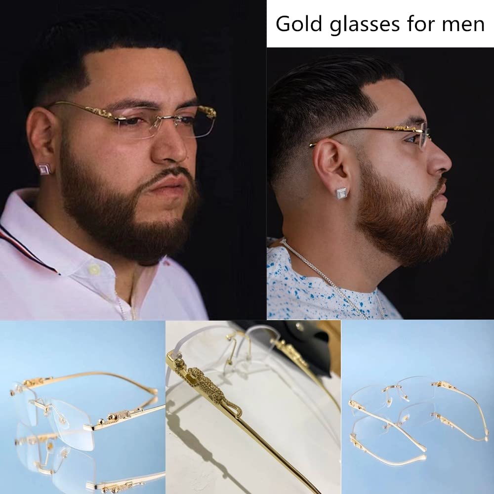 ADE WU Vintage Rimless Sunglasses Retro Gold Metal Frameless Rectangle Clear Lens Sun Glasses for Men Women