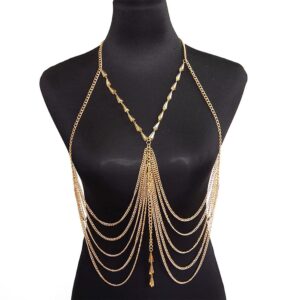 Bodiy Boho Body Chains Gold Tassel Crystal Chest Bra Chain Bikini Fringe Layered Waist Body Jewelry Accessories for Women and Girls