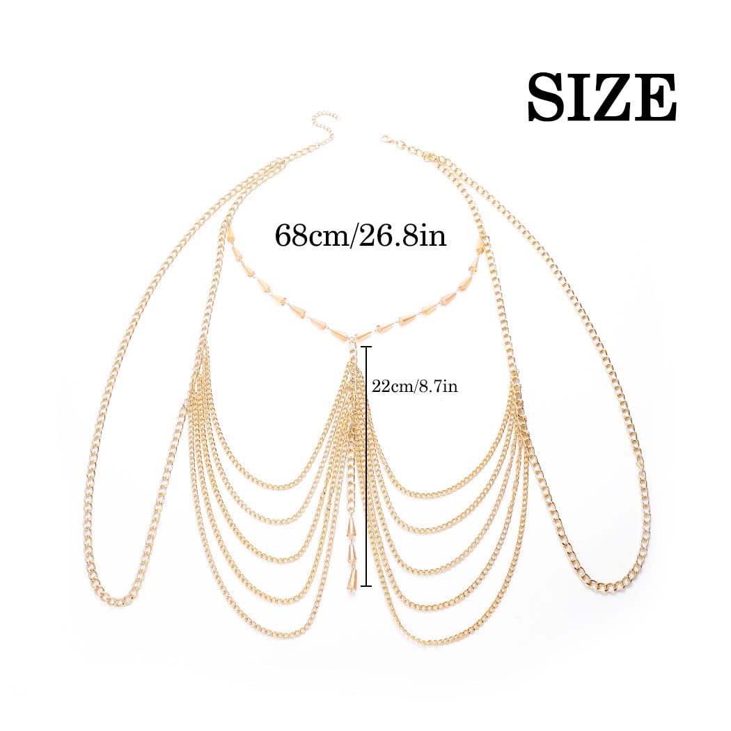 Bodiy Boho Body Chains Gold Tassel Crystal Chest Bra Chain Bikini Fringe Layered Waist Body Jewelry Accessories for Women and Girls