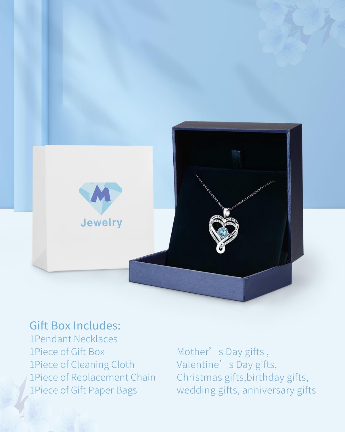 Mkhhy Gifts for Wife Birthday Anniversary S925 Silver Necklace for Women Girlfriend Her Infinity Heart Birthstone Womens Jewelry for Mom Daughter Mothers Day Valentines Day Christmas March Aquamarine