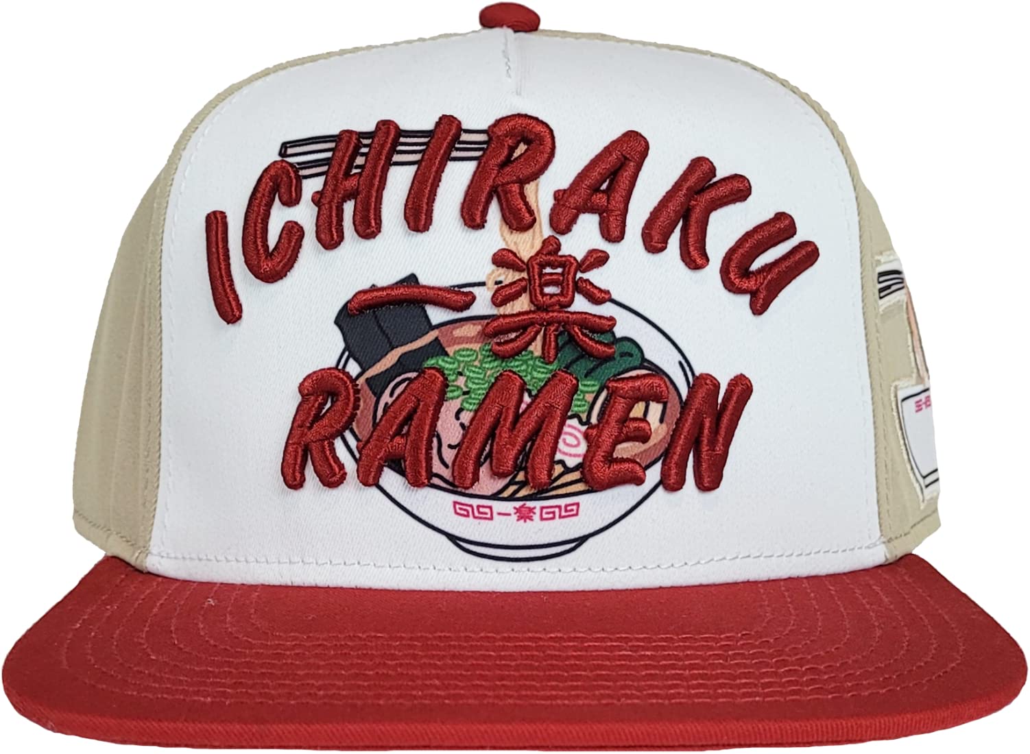 Naruto Shippuden Ichiraku Ramen Icon Hiden Leaf Village 5 Panel Structured Adjustable Adult Unisex Red and White Flat Bill Snapback Hat