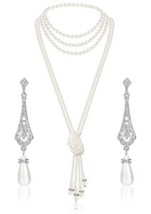 yadoca 1920s faux pearl necklace earrings for women flapper beads long pearls necklace for halloween costume jewelry accessories