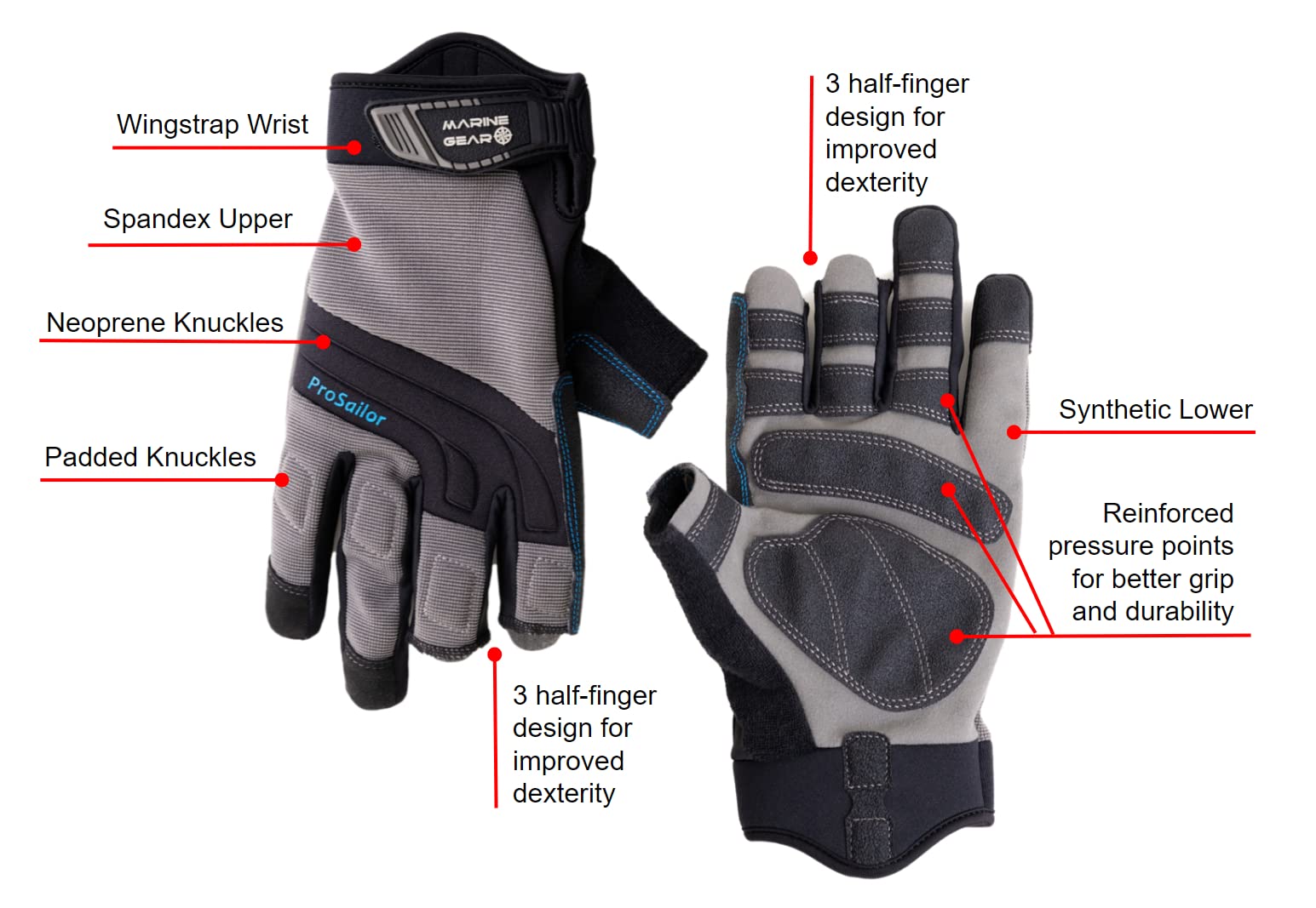 Marine Gear Sailing Gloves (Large) - 3-Finger Dexterity Sailing Gear with Better Grip, Neoprene and Padded Knuckles, Reinforced Pressure Points