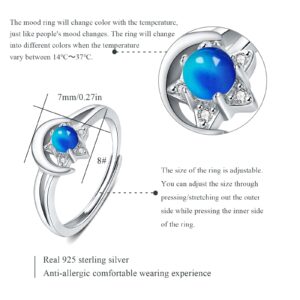 Moon Star Ring 925 Sterling Silver Mood Ring Color Change Rings Open Ring Adjustable Ring Gift for Women