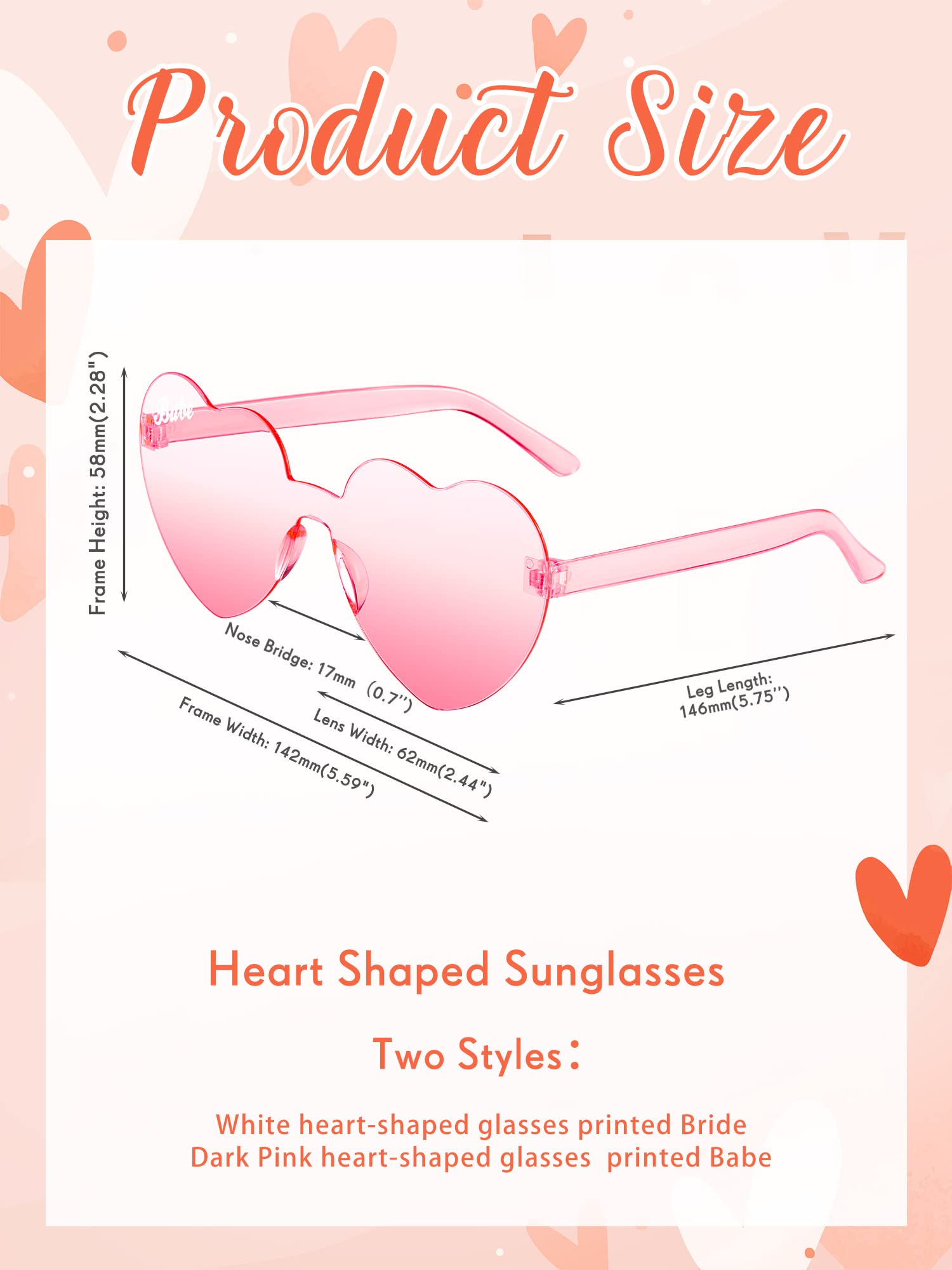 Konohan 12 Pairs Heart Shaped Sunglasses Rimless Bride Sunglasses Transparent Heart Glasses Bachelorette Holiday Party Favor (White, Hot Pink)