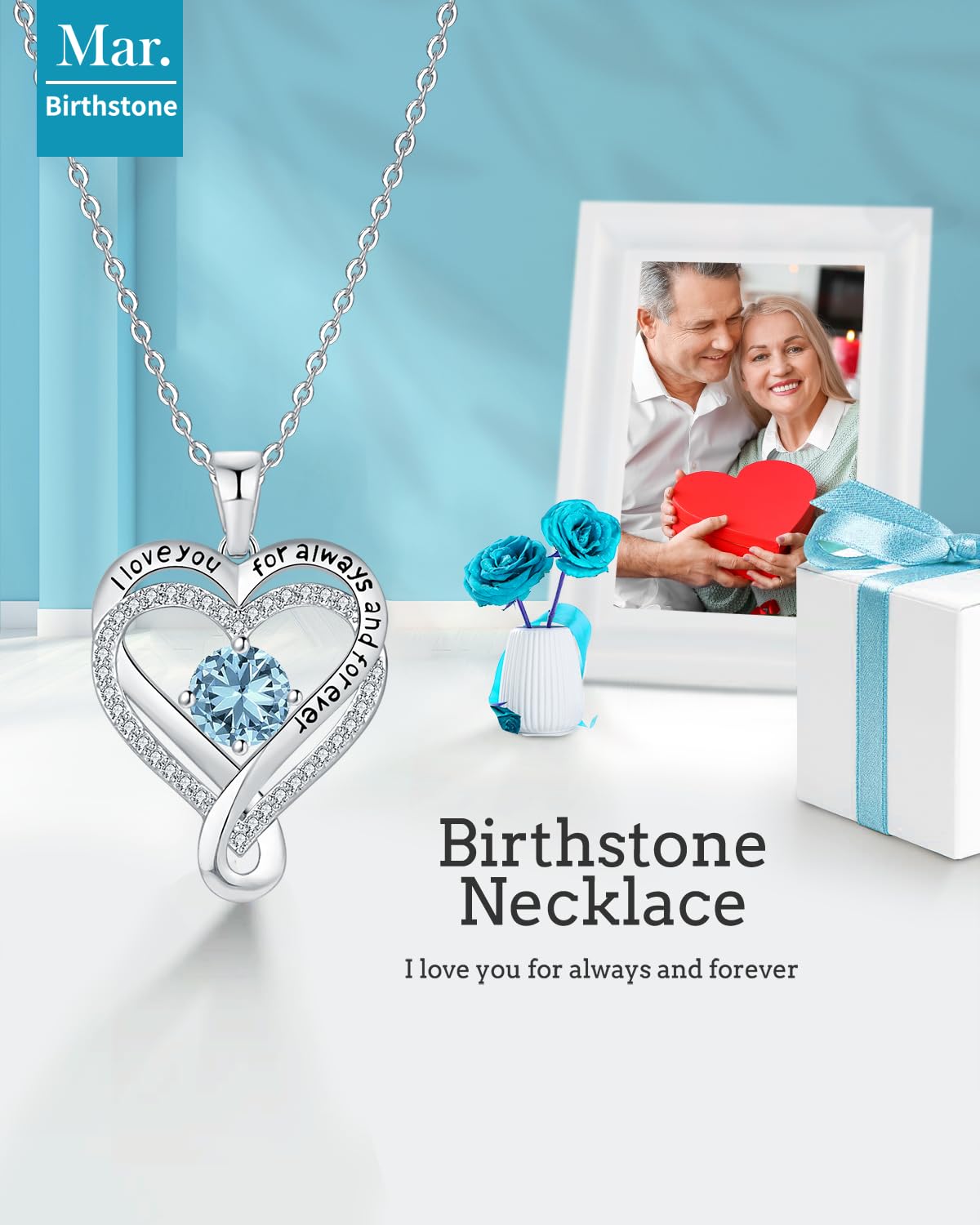 Mkhhy Gifts for Wife Birthday Anniversary S925 Silver Necklace for Women Girlfriend Her Infinity Heart Birthstone Womens Jewelry for Mom Daughter Mothers Day Valentines Day Christmas March Aquamarine