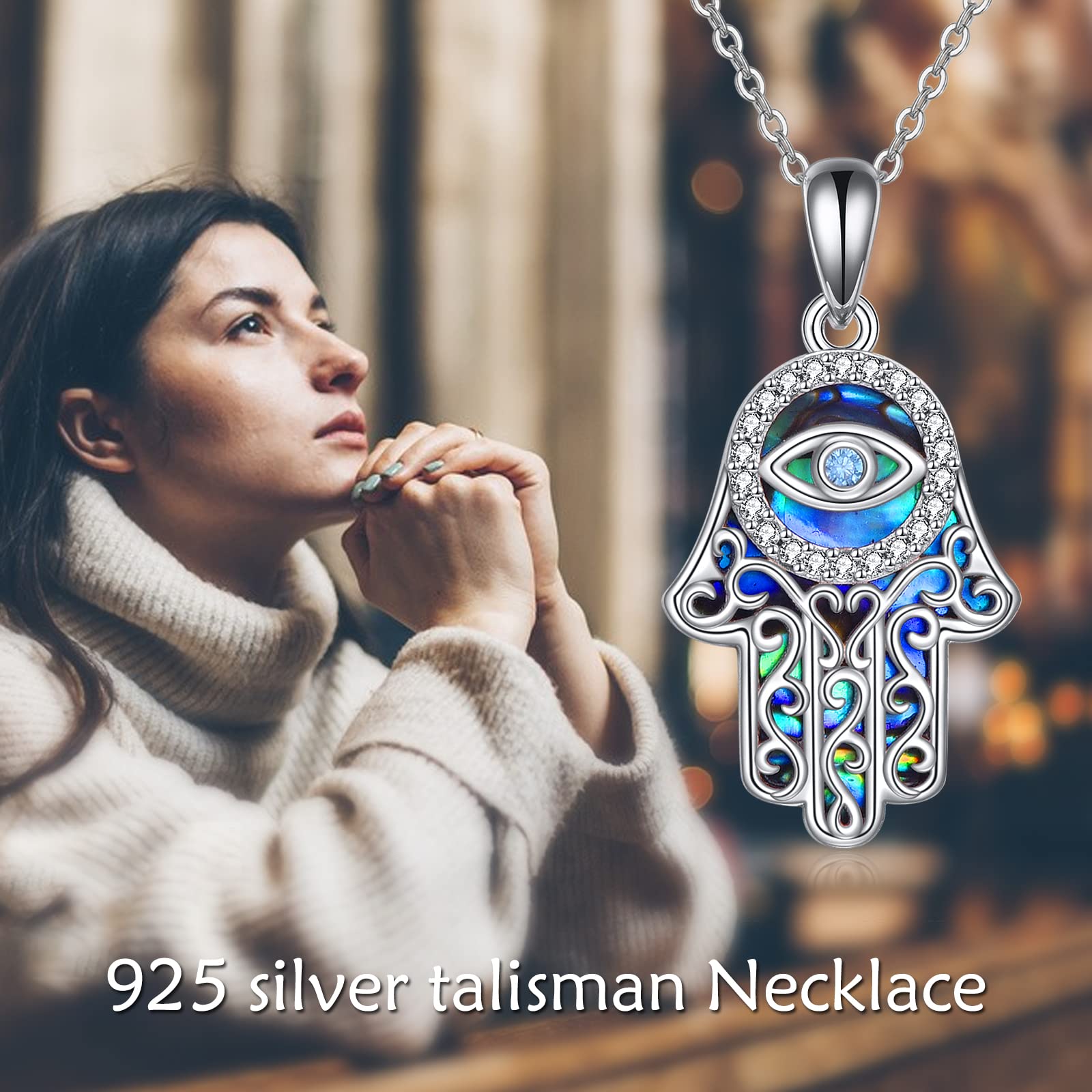 URONE Hamsa Hand Necklace for Women Sterling Silver Hamsa Protection Pendant Necklace Hamsa Jewelry for Women Mothers Day