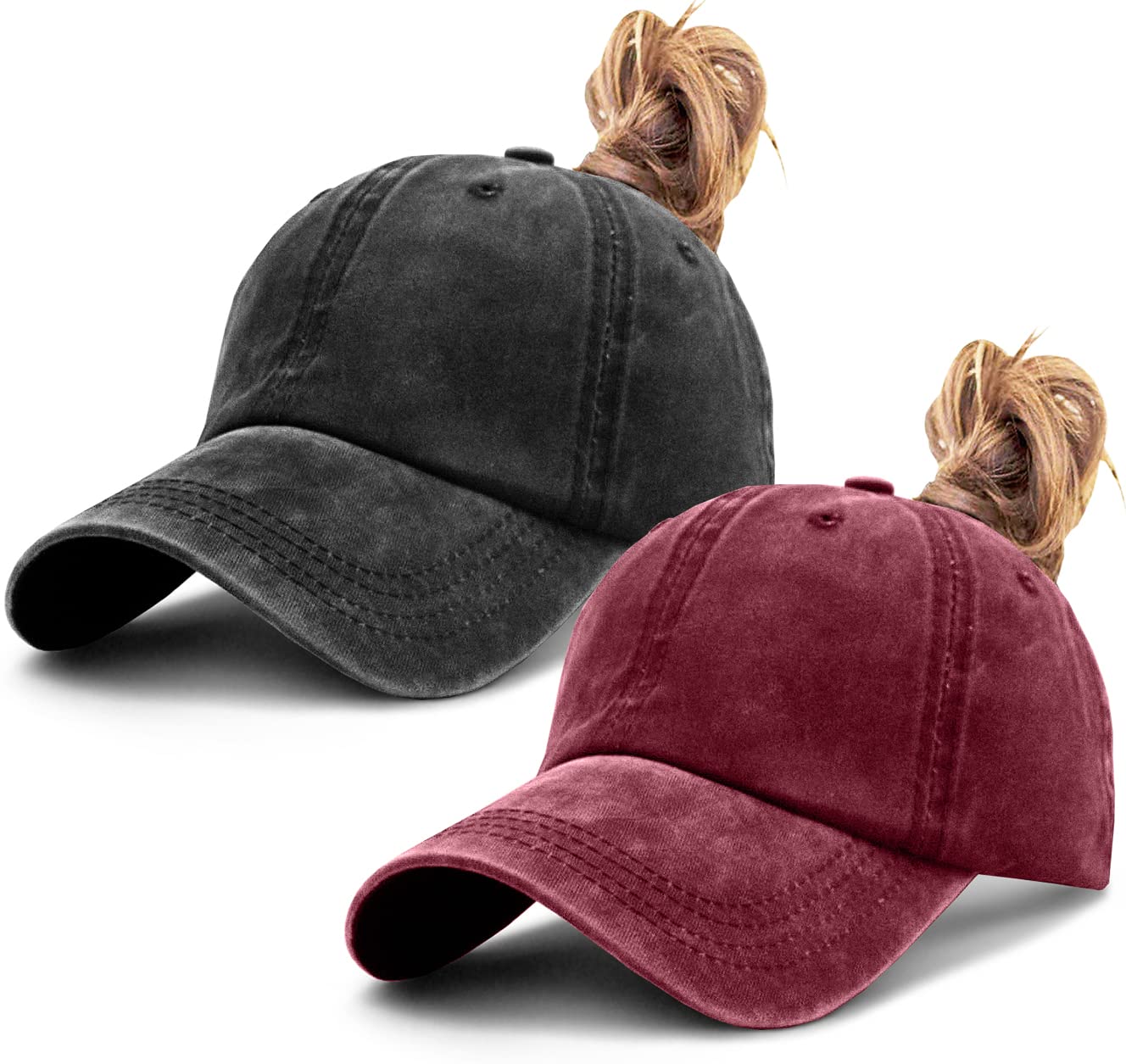 29 IYEBRAO Womens Ponytail Baseball Cap Messy Bun Ponycap Washed Cotton Sport Hat Adjustable Dad Hat Trucker Cap Low Profile Hat (2 Pack-Washed-Classic-Black&Burgundy)