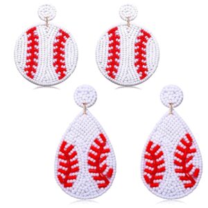 2 Pairs Beaded Baseball Earrings Sports Earring for Women Statement Game Team Sports Ball Dangle Drop Earrings Theme Party Jewelry Gifts (Style A)