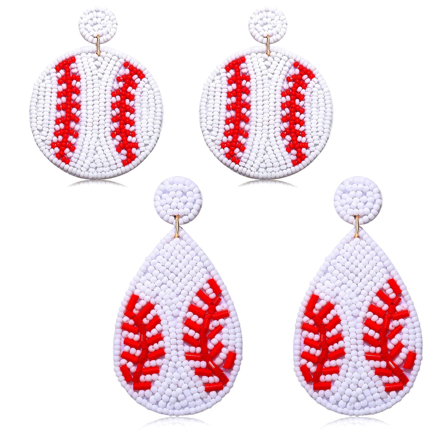 2 Pairs Beaded Baseball Earrings Sports Earring for Women Statement Game Team Sports Ball Dangle Drop Earrings Theme Party Jewelry Gifts (Style A)