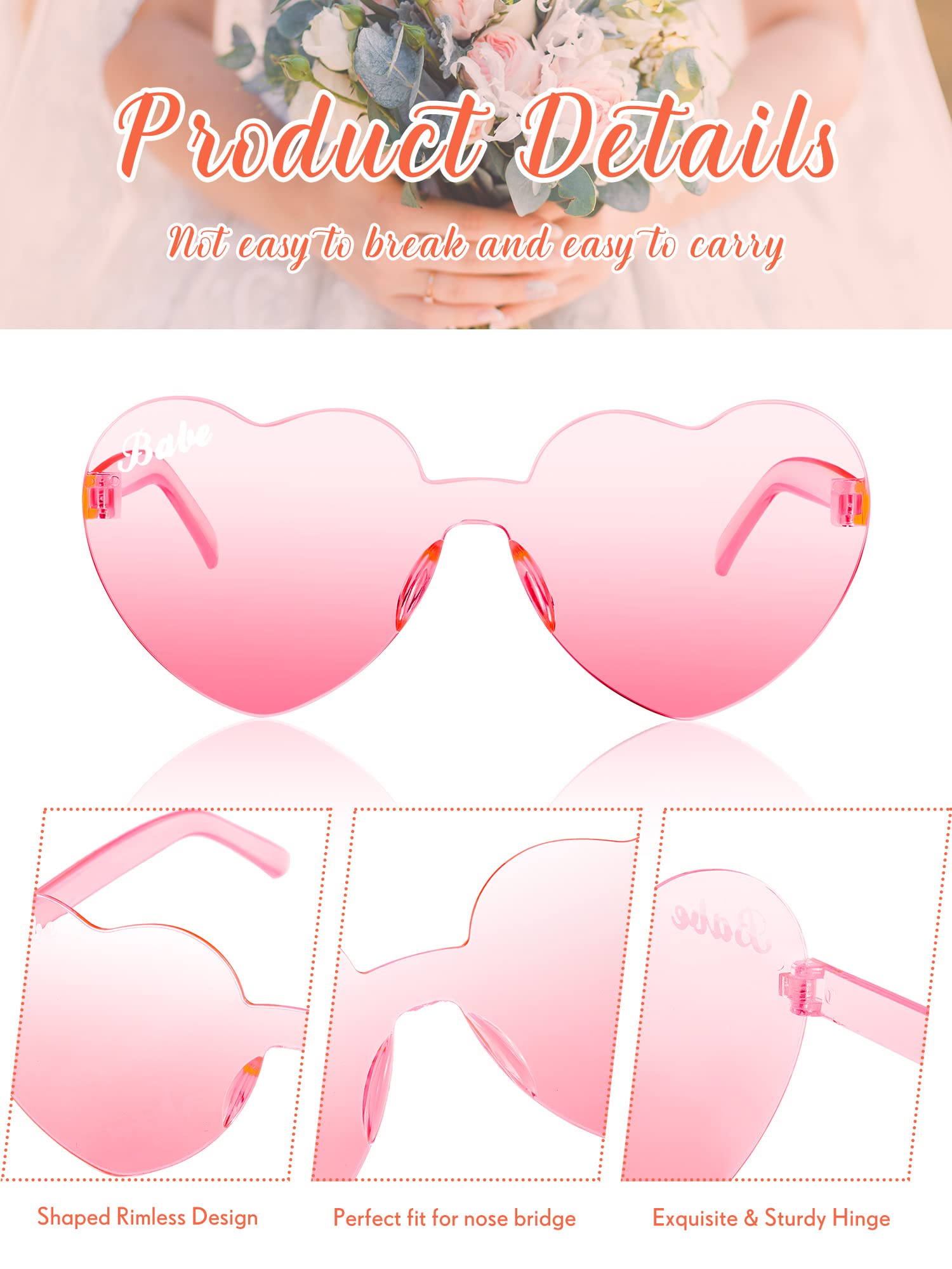 Konohan 12 Pairs Heart Shaped Sunglasses Rimless Bride Sunglasses Transparent Heart Glasses Bachelorette Holiday Party Favor (White, Hot Pink)