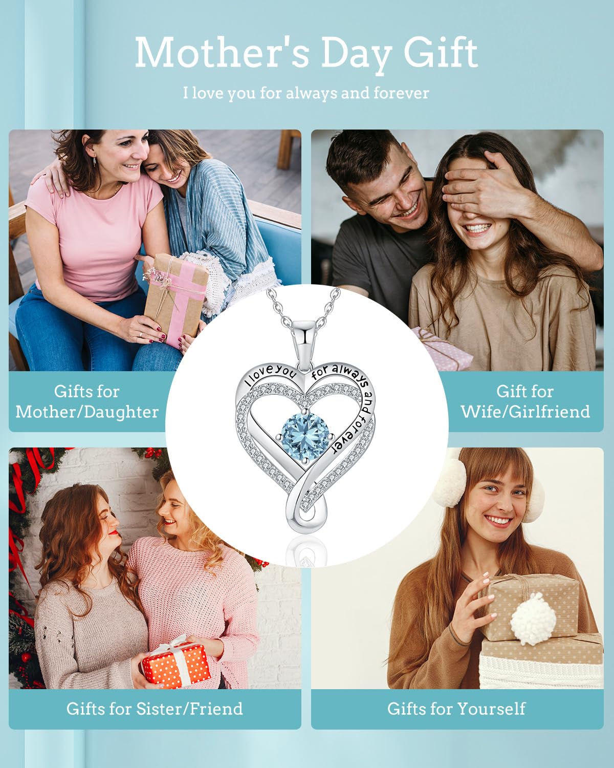 Mkhhy Gifts for Wife Birthday Anniversary S925 Silver Necklace for Women Girlfriend Her Infinity Heart Birthstone Womens Jewelry for Mom Daughter Mothers Day Valentines Day Christmas March Aquamarine