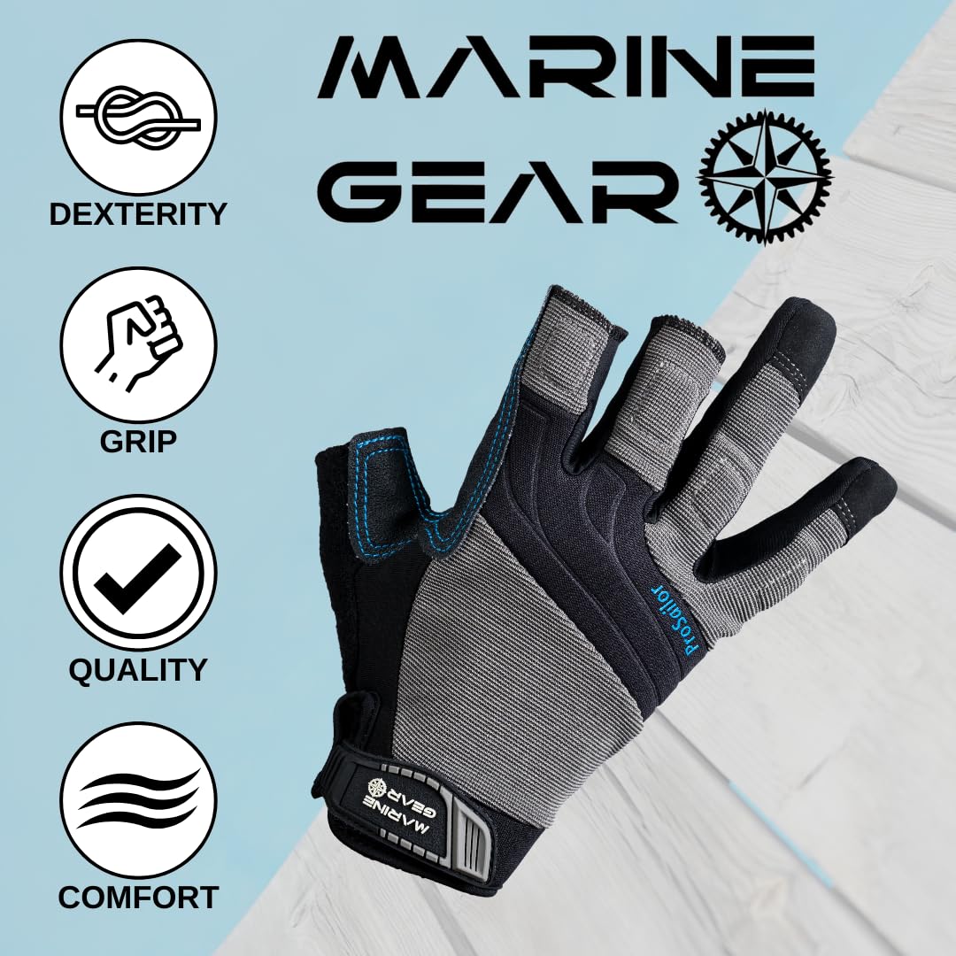 Marine Gear Sailing Gloves (Large) - 3-Finger Dexterity Sailing Gear with Better Grip, Neoprene and Padded Knuckles, Reinforced Pressure Points