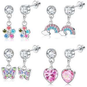 YADOCA 4 Pairs Screw Back Earrings For Girls Women Hypoallergenic 316L Stainless Steel Cute Pink CZ Heart Screwback Dangle Earrings Multicolored Cubic Zirconia Flower Butterfly Rainbow Earrings Dangling Set