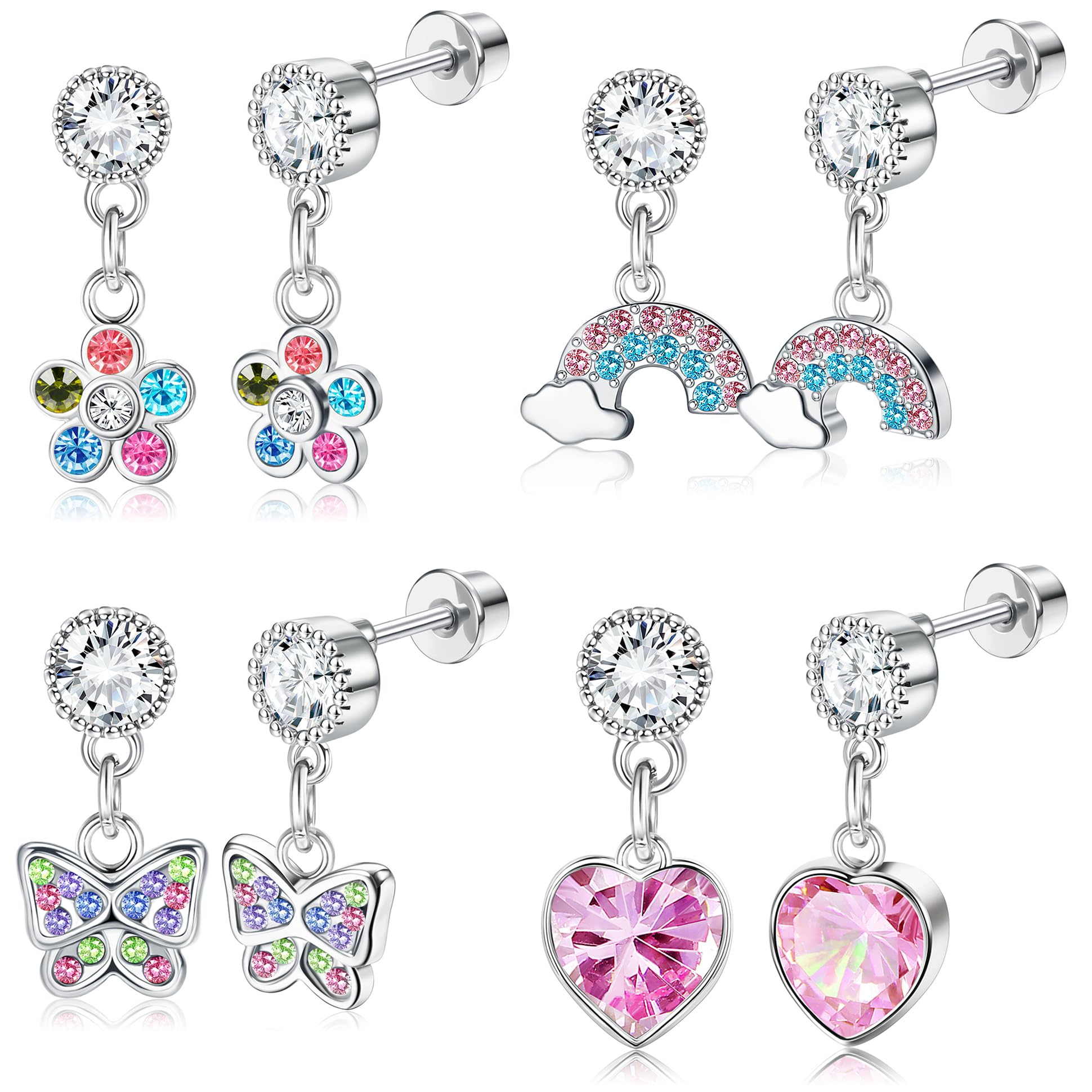 YADOCA 4 Pairs Screw Back Earrings For Girls Women Hypoallergenic 316L Stainless Steel Cute Pink CZ Heart Screwback Dangle Earrings Multicolored Cubic Zirconia Flower Butterfly Rainbow Earrings Dangling Set